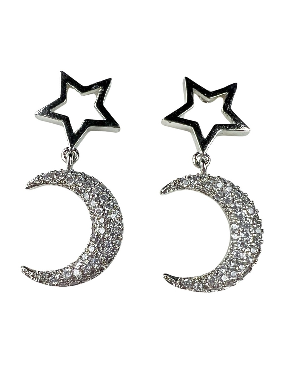 Celestial Star Crescent Moon Rhinestone Drop Earrings 925 Posts Silver NWT